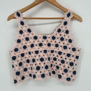 Crochet Knit Pink Blue Flower Crop Tank Top Cotton Blend Boho Festival Coastal
